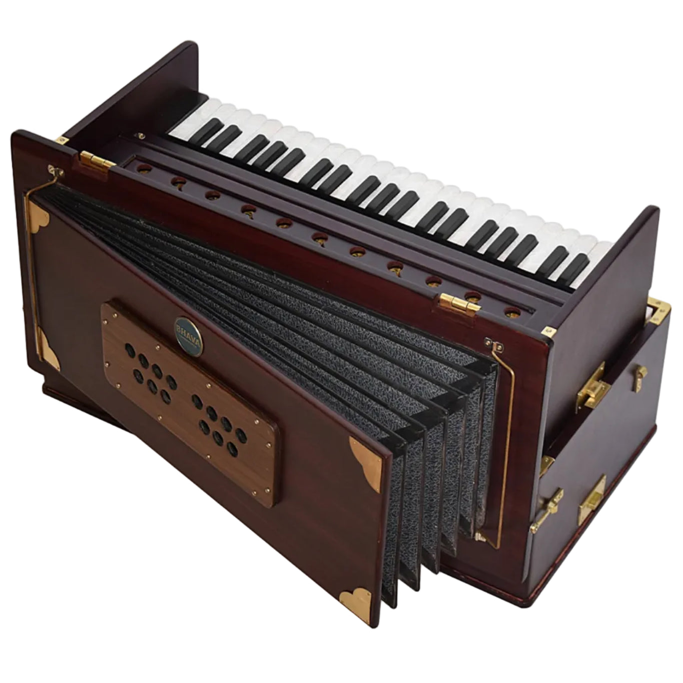 Bhava Classic Limited Edition Mahogany Harmonium Seitenansicht mit ausgezogenem Balg
