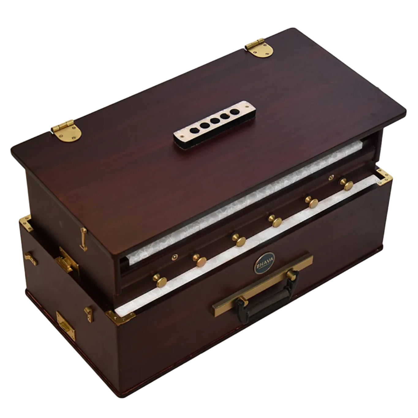 Bhava Classic Limited Edition Mahogany Harmonium geöffnet mit Tastatur und Registern