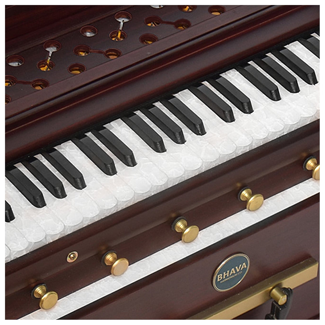 Detailansicht Tastatur und Register Bhava Classic Limited Edition Mahogany Harmonium