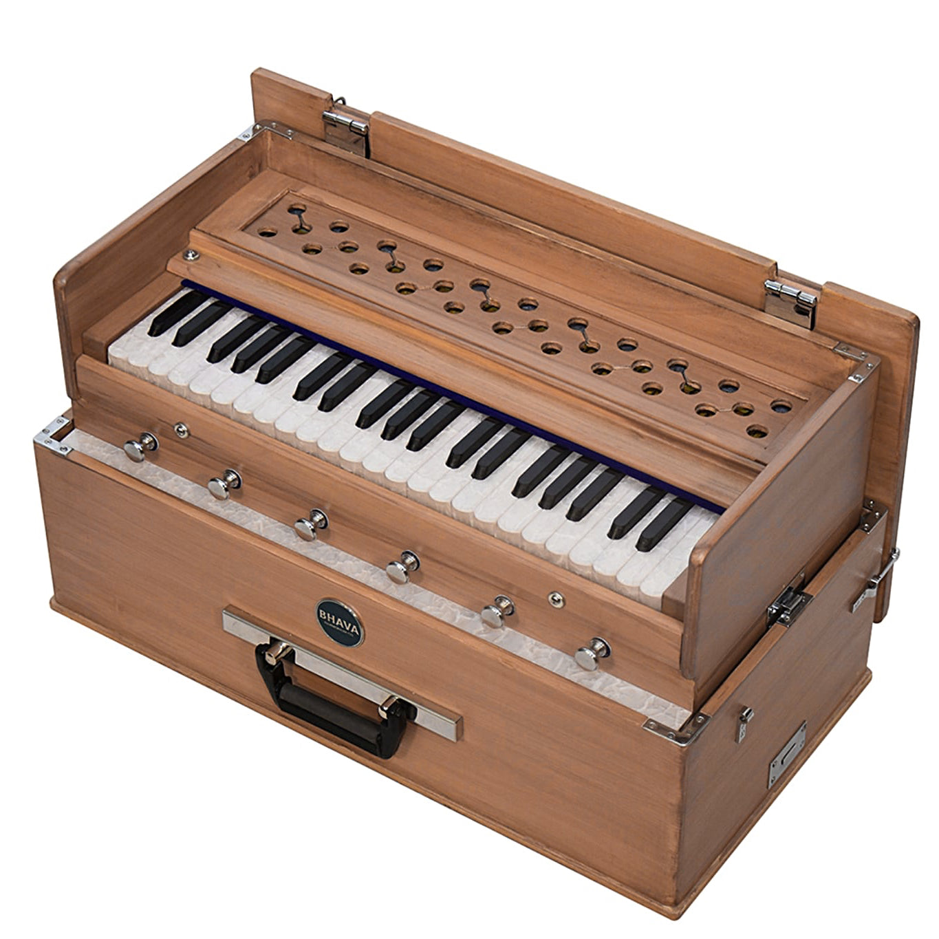 Bhava Classic Standard Edition Natural Harmonium geöffnet mit Tastatur und Registern